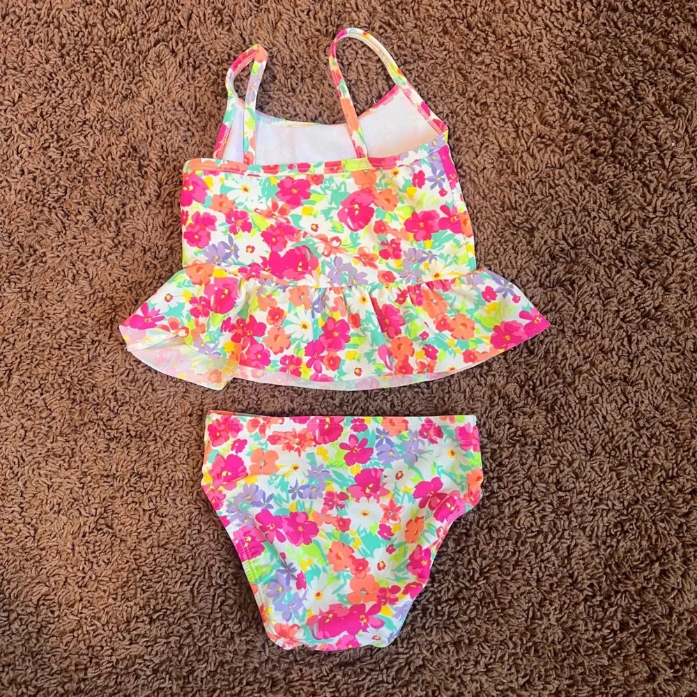 The Childrens Place Girls 3T Floral Tankini‎ Two Piece Swimsuit Pink Orange Teal